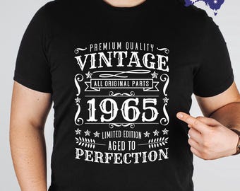 May include: Black t-shirt with white text that reads "Premium Quality Vintage All Original Parts 1965 Limited Edition Aged to Perfection".