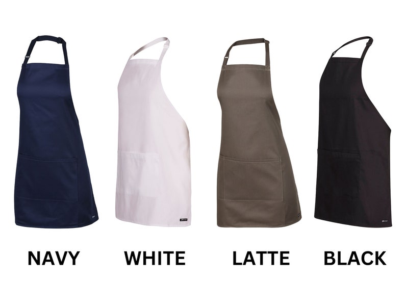 May include: Four different colored aprons with a single pocket. The aprons are navy, white, latte, and black.
