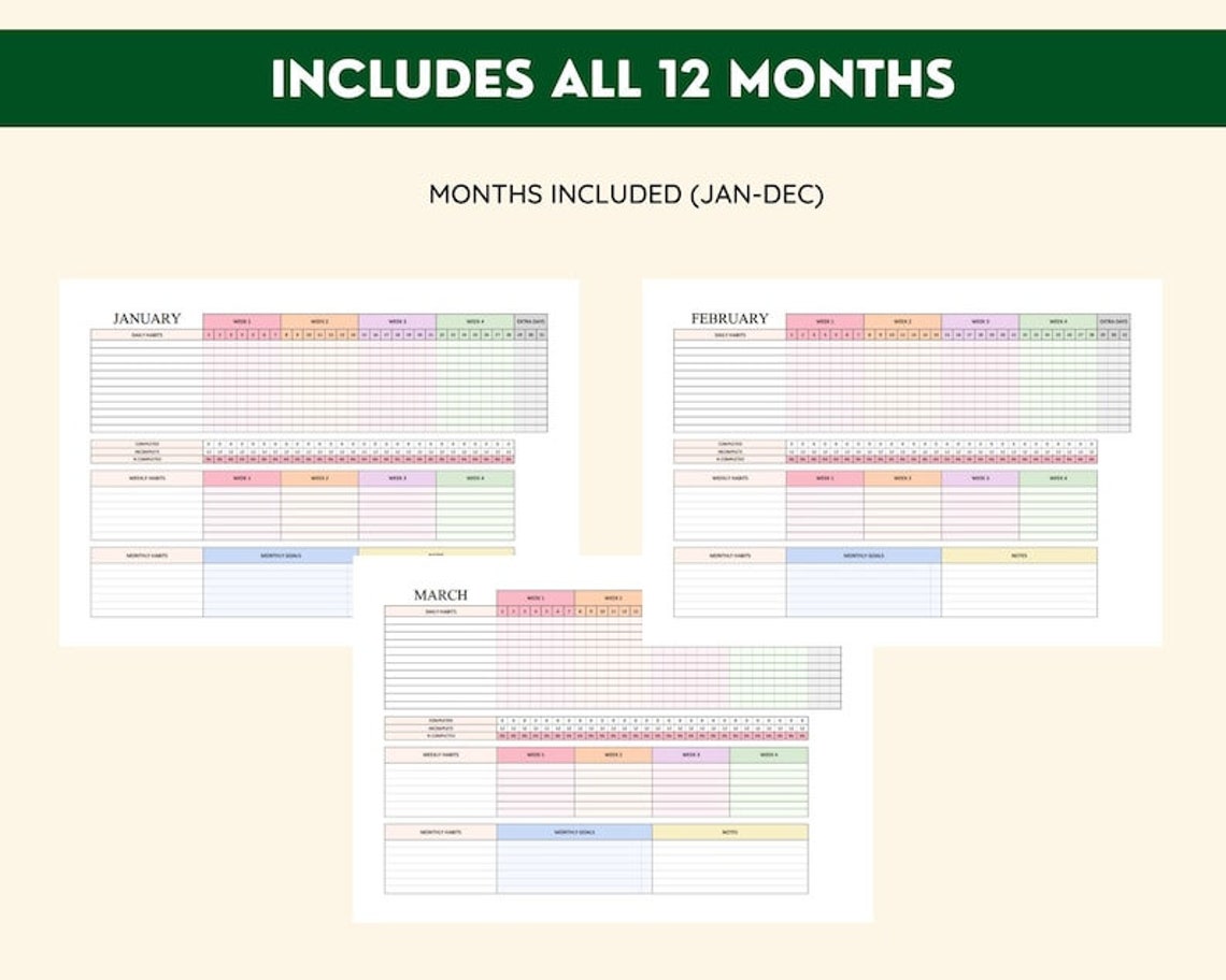 Habit Tracker Spreadsheet, Microsoft Excel, Daily, Weekly, Monthly ...
