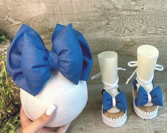 Baby Set of Platform Sandals with Padded Bow in Denim, Handmade Denim Set, Baby Accessories