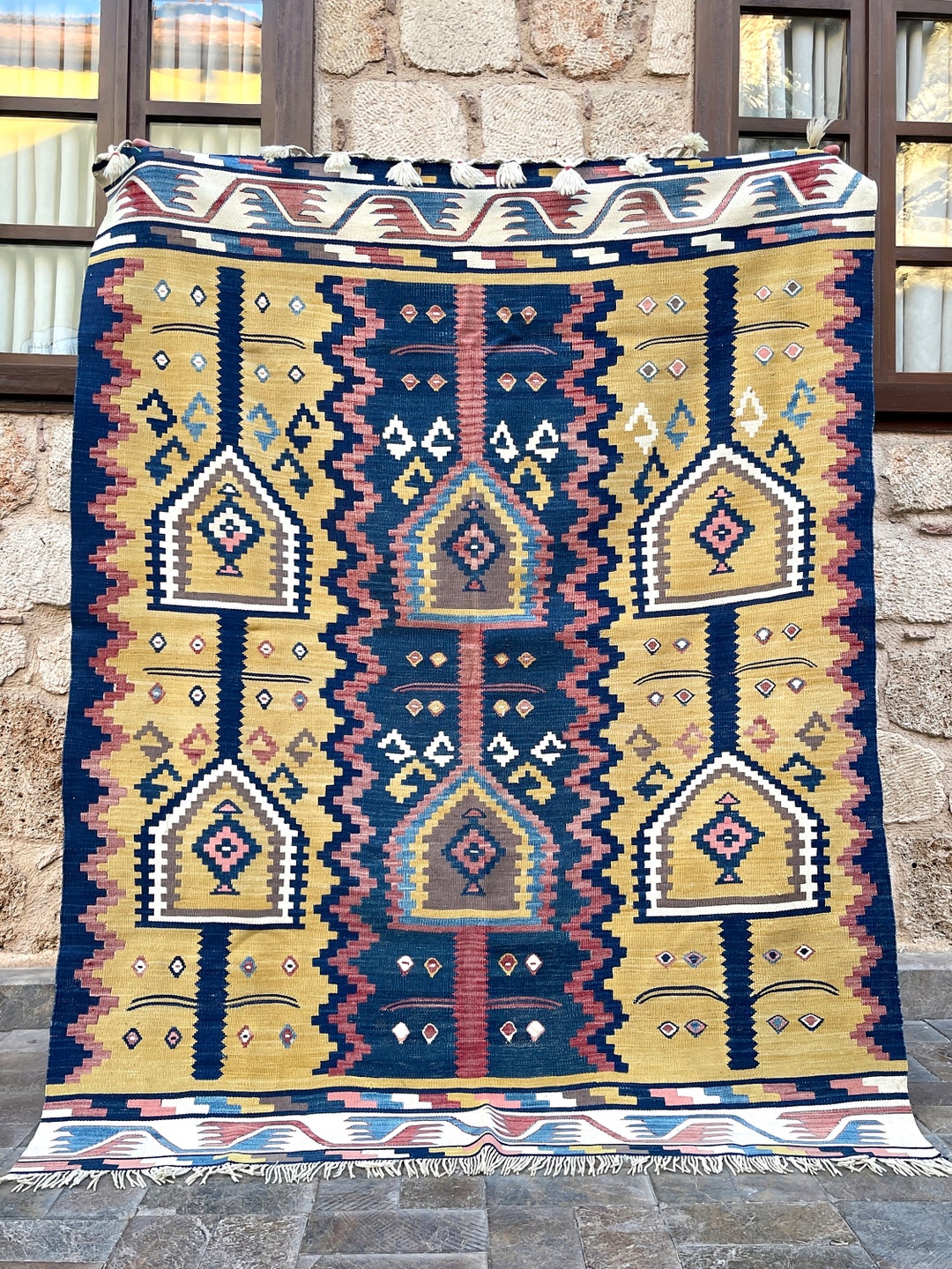 Blue and Yellow Rug Vintage Rug Kilim Rug 5x7 Kilim Etsy