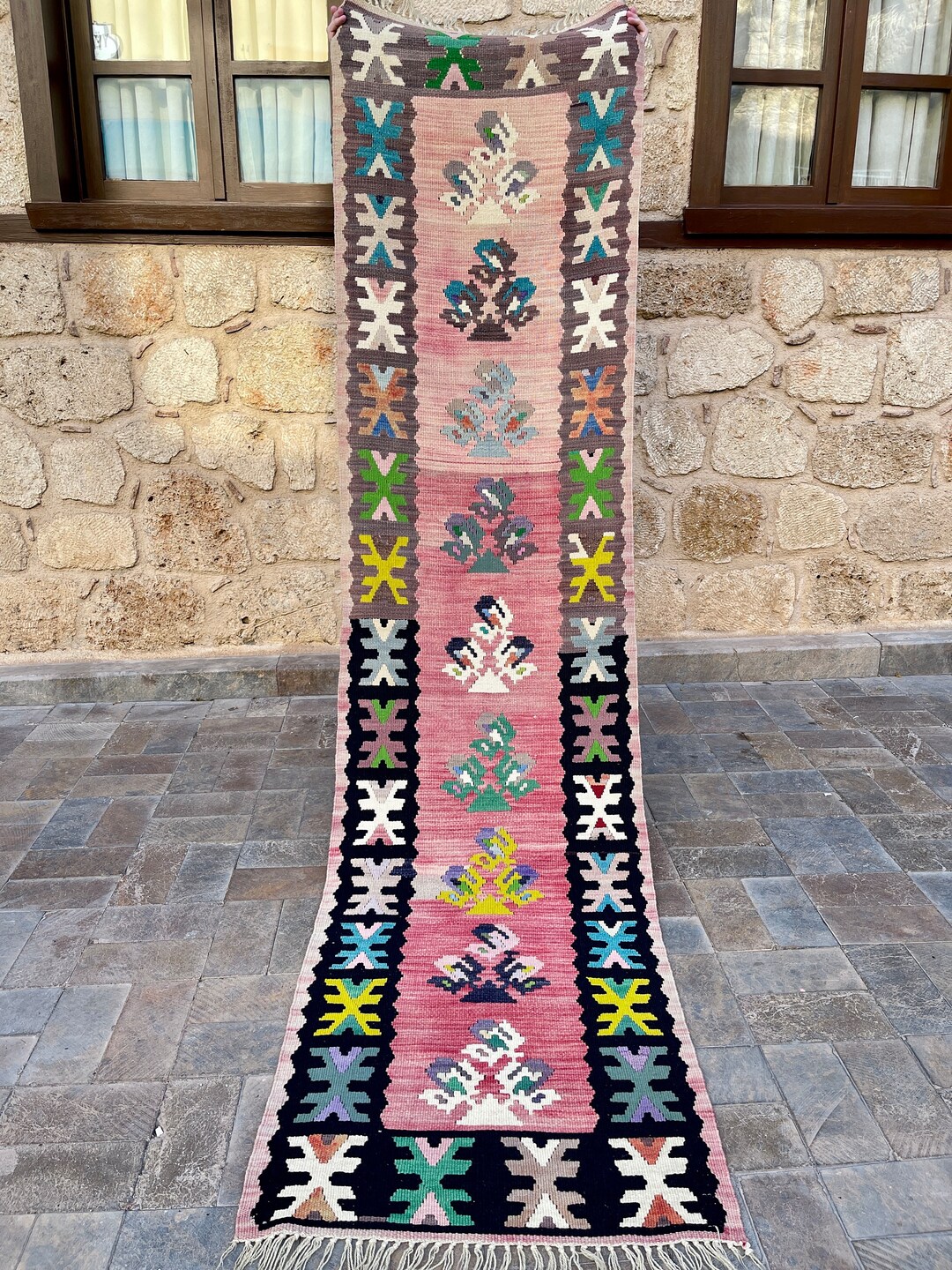 Pink Runner Rug Pink Kilim Rug Floral Design Runner Tribal Etsy