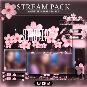 Pink Sakura Animated Stream Overlay Bundle: Twitch, YouTube, TikTok