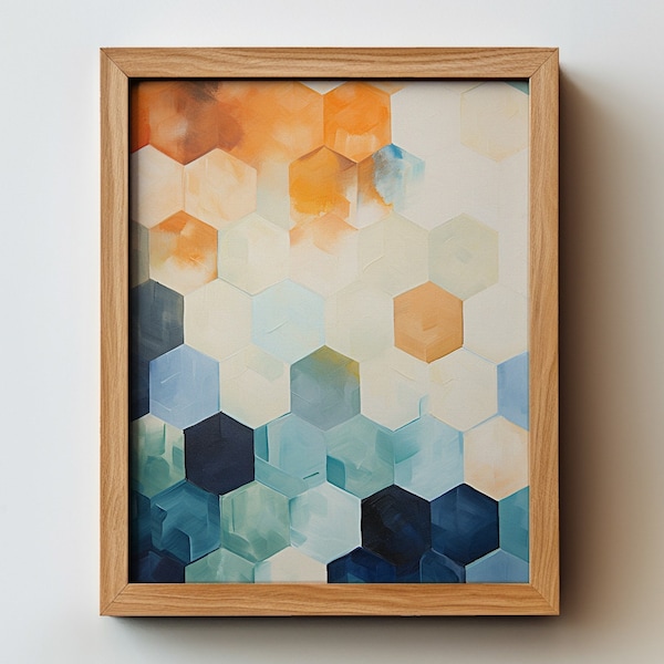 Honeycore, Navy Blue Teal and Orange Abstract PRINT of Painting, Expressive Minimalist Style for Modern Farmhouse Decor, Over the Couch Wall