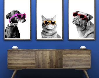 Dog And Cat Sunglasses Color Pop Printable Wall Art Veterinary Clinic Wall Art Pets In Sunglasses Vet Poster Digital Veterinarian Office Art