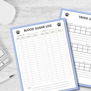 May include: Two printable log sheets for tracking blood sugar levels. The first sheet is titled "Blood Sugar Log" and has columns for date, time, level, units, and notes. The second sheet is titled "Trend Log" and has columns for insulin type, date, and notes.