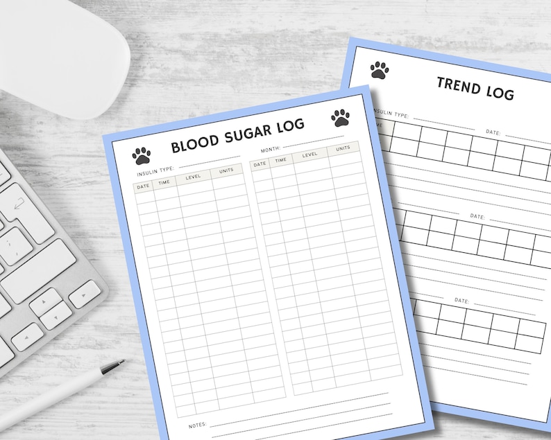 May include: Two printable log sheets for tracking blood sugar levels. The first sheet is titled "Blood Sugar Log" and has columns for date, time, level, units, and notes. The second sheet is titled "Trend Log" and has columns for insulin type, date, and notes.