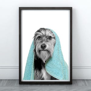 Utskrivbar väggkonst med terrierbadtid, hundfrisördekor, väggkonst med hundfrisörsalong, hundbadhanddukstryck, hundfrisörposter, hundspa