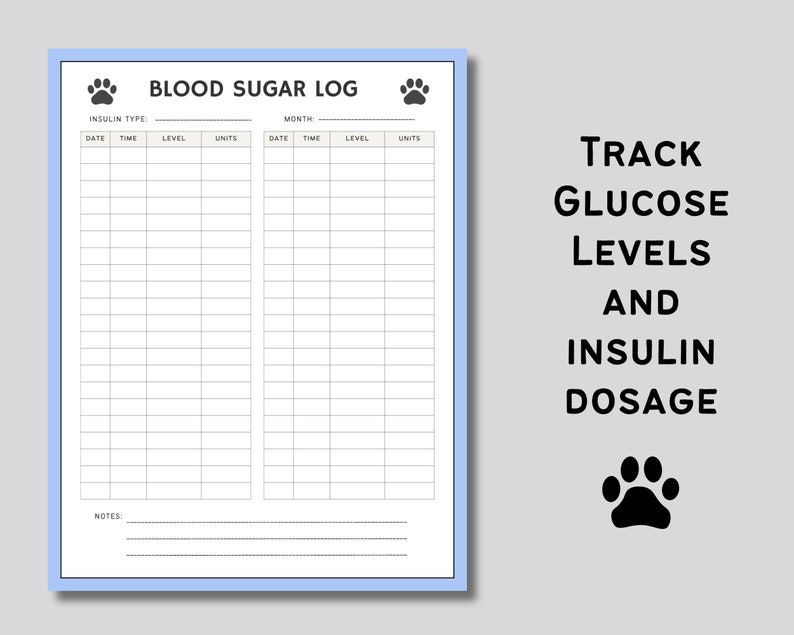 May include: A printable blood sugar log for tracking glucose levels and insulin dosage. The log has sections for date, time, level, units, and notes. It features paw prints and the text "BLOOD SUGAR LOG" and "TRACK GLUCOSE LEVELS AND INSULIN DOSAGE".