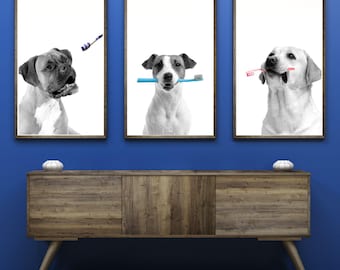 Dog Dentist Pop Trio Printable Wall Art Dog Dental Cleaning Veterinary Clinic Decor Dog With Toothbrush Print Dog Dental Portrait Vet Decor