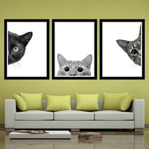 Arte de pared imprimible de la clínica veterinaria de gatos que miran a escondidas Decoración de la oficina del veterinario de gatos Decoración de la clínica veterinaria Arte de pared de la oficina del veterinario de gatos divertidos Impresión digital
