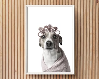 Funny Dog Portrait Printable Wall Art Vet Office Decor Funny Dog Wall Art Dog Groomer Decor Funny Spa Decor Dog In Curlers Printable