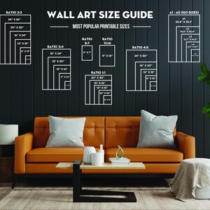 May include: A wall art size guide with a black background and white text. The guide shows different aspect ratios and corresponding sizes in inches. The text includes "Wall Art Size Guide", "Most Popular Printable Sizes", "Ratio 2:3", "Ratio 3:4", "Ratio 5:7", "Ratio 11:14", "Ratio 4:5", "Ratio 1:1", and "A1-A5 ISO Sizes".