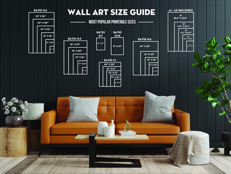 May include: A wall art size guide with a black background and white text. The guide shows different aspect ratios and corresponding sizes in inches. The text includes "Wall Art Size Guide", "Most Popular Printable Sizes", "Ratio 2:3", "Ratio 3:4", "Ratio 5:7", "Ratio 11:14", "Ratio 4:5", "Ratio 1:1", and "A1-A5 ISO Sizes".
