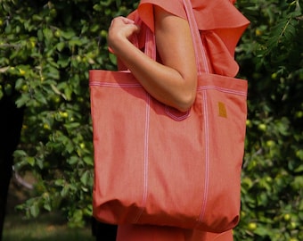 Dark orange denim beach bag, Bold color jean summer tote, Fashion foldable casual bag, Practical cute gift for wife, Modern canvas tote bag