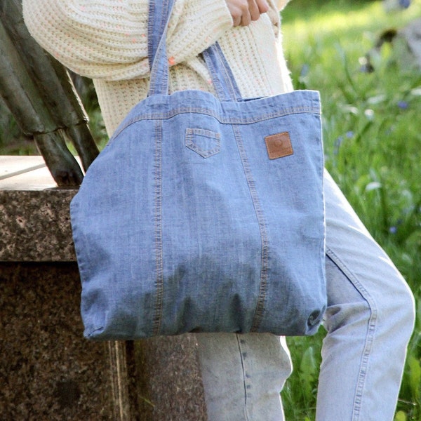 Sac en jean fait main, Sac cabas, Sac fourre-tout pliable, Sac shopping réutilisable pliable, Sac bleu ciel