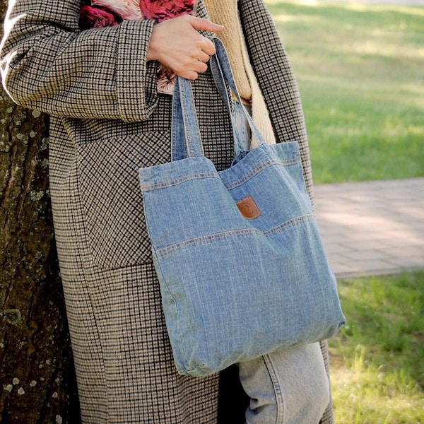 Mini borsa della spesa in denim, elegante borsa tote riutilizzabile, estetica della borsa tote in tela fatta a mano, borsa di cotone per tutti i giorni, borsa tote carina, borsa ecologica
