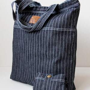 Elegante, kompakte Denim-Tasche, zusammenklappbarer Jeans-Shopper, faltbare, lässige Einkaufstasche, gestreifte Unisex-Reisetasche, nachhaltiger Lebensmittelträger