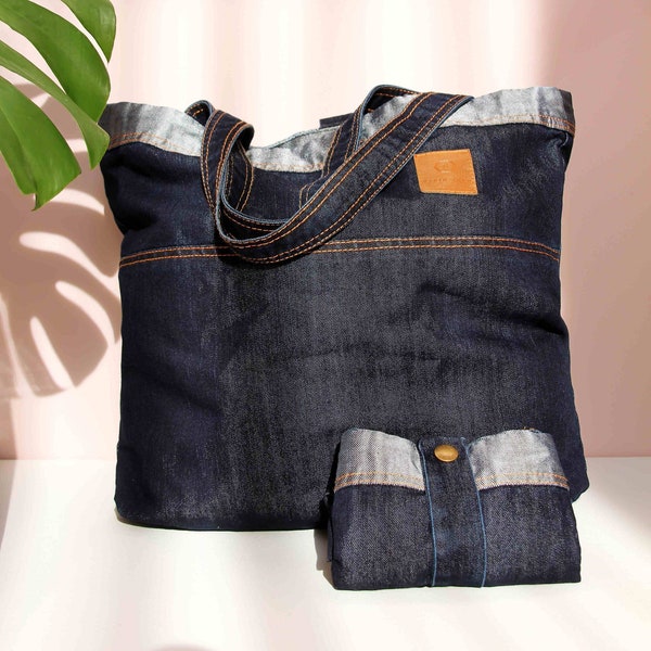 Denim foldable tote bag, Reusable grocery bag, Cotton shopping bag, Canvas travel bag, Eco friendly bag, Handmade boho bag, Beach tote