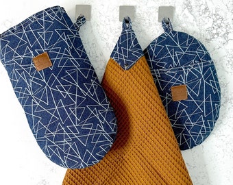 Unique double oven mits, Woven potholder, 3 hand towels set, Handmade modern home decor, Housewarming gift, New home gift, Grill accessories