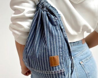 Bohemian frayed denim drawstring bag, Mini stripe canvas backpack purse, Stylish bag strap with inside pocket, Hipster bright city backpack