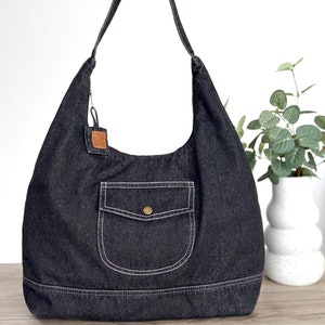 Sac hobo ample en denim noir, sac à bandoulière en jean surdimensionné, accessoire bohème élégant, sac à main spacieux et décontracté - cadeau pratique pour petite amie