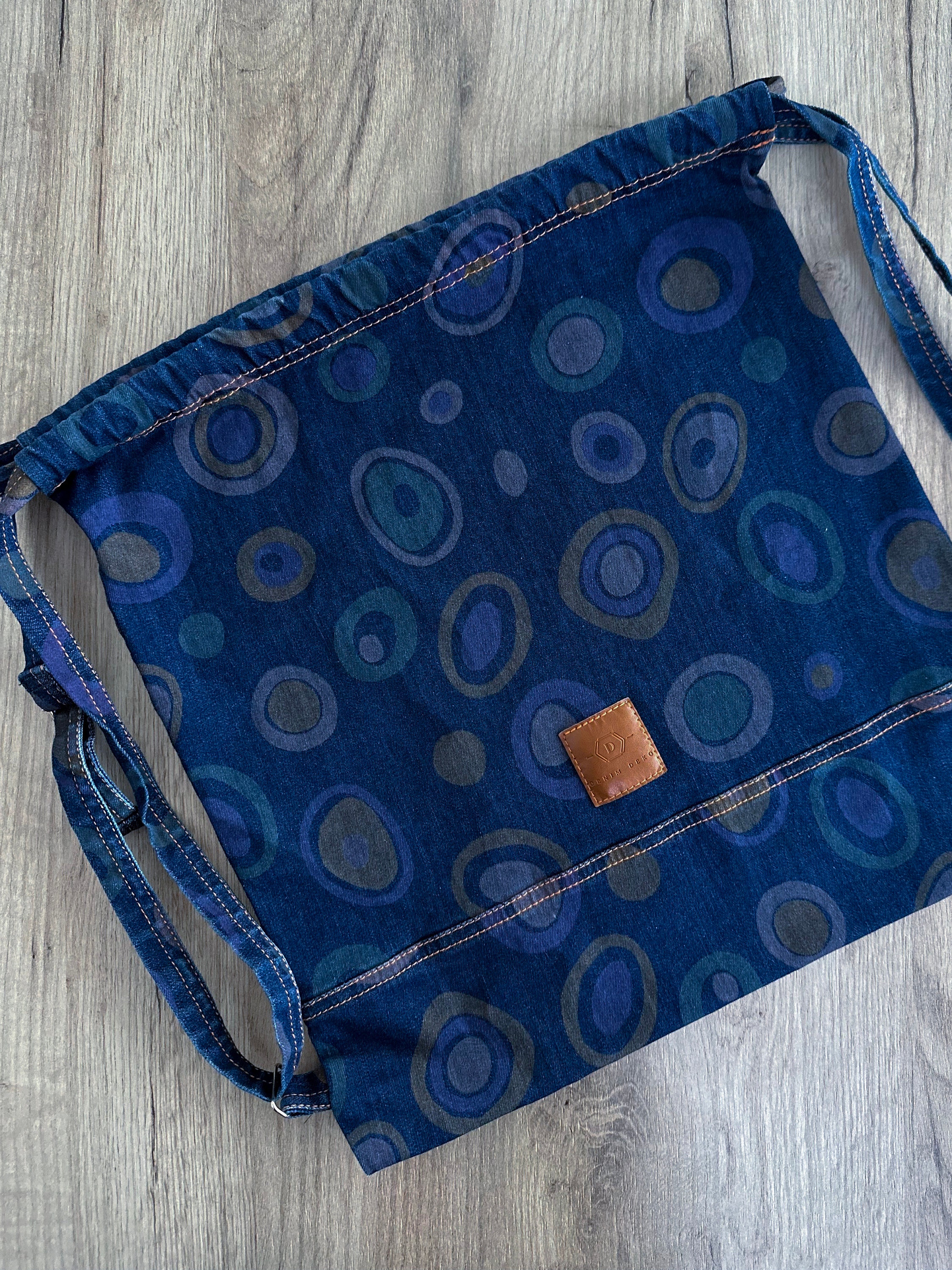 【SATIIIZ】Khaol Denim Pocket String Bag Denim Drawstring Backpack, Hipster Rucksack Colorful, Cute