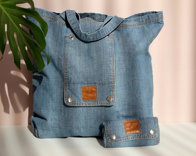 Compact denim tote bag, Reusable grocery bag, Foldable shopping tote bag, Practical gift for birthday, Stylish textile accessory