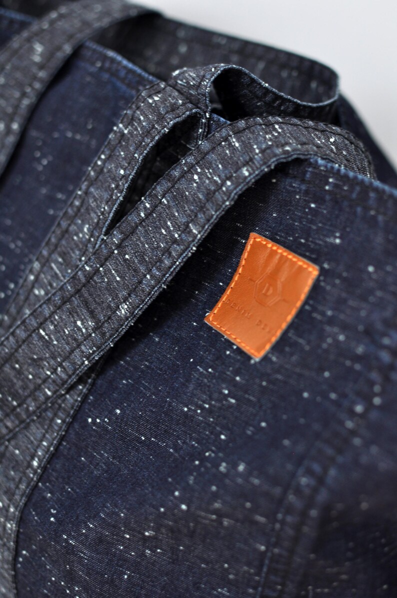 Big market bag of lightweight fabric, Extra large grocery bag, Denim high capacity shopper, Reusable oversize tote for sustainable shopping - view close up