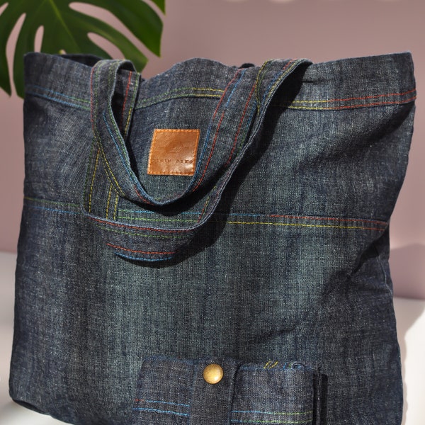 Foldable shopping bag, Denim tote bag, Shopping tote bag , Tote bag foldable, Shopper tote, Rainbow seam bag