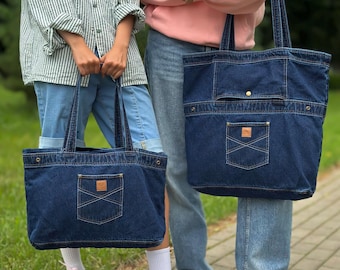 Oversized Denim Tote Bag | Convertible Slouchy Shopper | Lined Carryall for Work Weekend