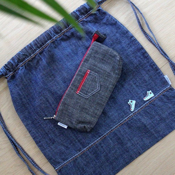 Drawstring backpack + storage pouch, set of 2 denim bags