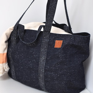 Big market bag of lightweight fabric, Extra large grocery bag, Denim high capacity shopper, Reusable oversize tote for sustainable shopping - full of things