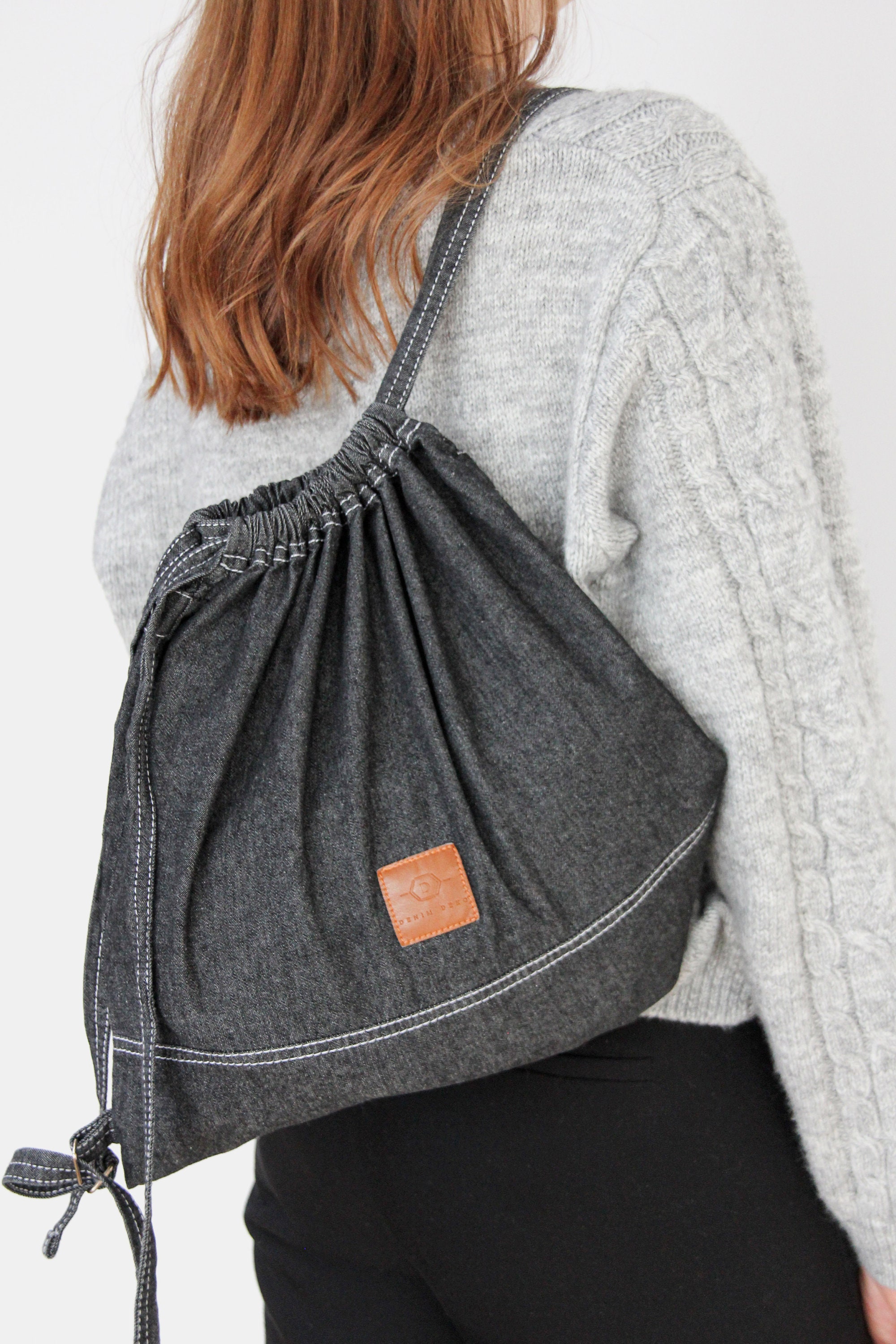Minimalist Denim Backpack Purse: Black Drawstring Bag - Etsy