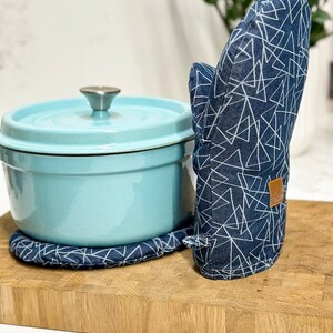 Unique Double Oven Mitts, 3 finger tips Towels for Modern Home, Woven Potholder, Handmade Housewarming or New Home Gift, Kitchen accessories -heating pad under the blue pot, oven mit near the pot
