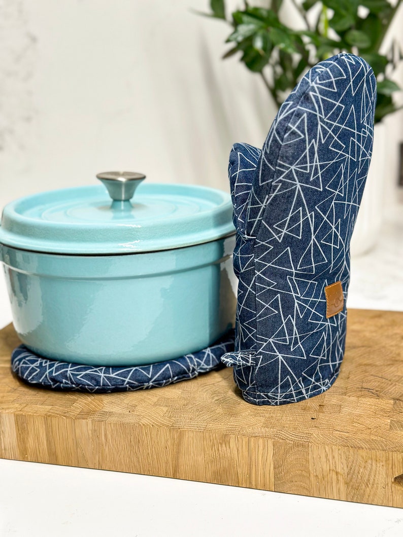 Unique Double Oven Mitts, 3 finger tips Towels for Modern Home, Woven Potholder, Handmade Housewarming or New Home Gift, Kitchen accessories -heating pad under the blue pot, oven mit near the pot
