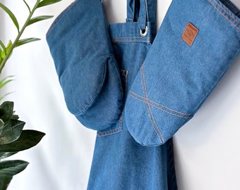 Conjunto de textiles de cocina de mezclilla: Delantal cruzado, guantes de horno