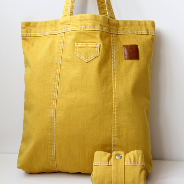 Sac fourre-tout en toile jaune élégant, sac à bandoulière en denim compact, sac d'épicerie en jean de couleur vive, cadeau unique pratique pour elle, sac d'été bohème