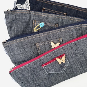Étui à crayons en denim Butterfly avec une jolie poche, petite pochette de rangement pour fille, sac d'accessoires en jean d'une section - cadeau symbolique pour l'école