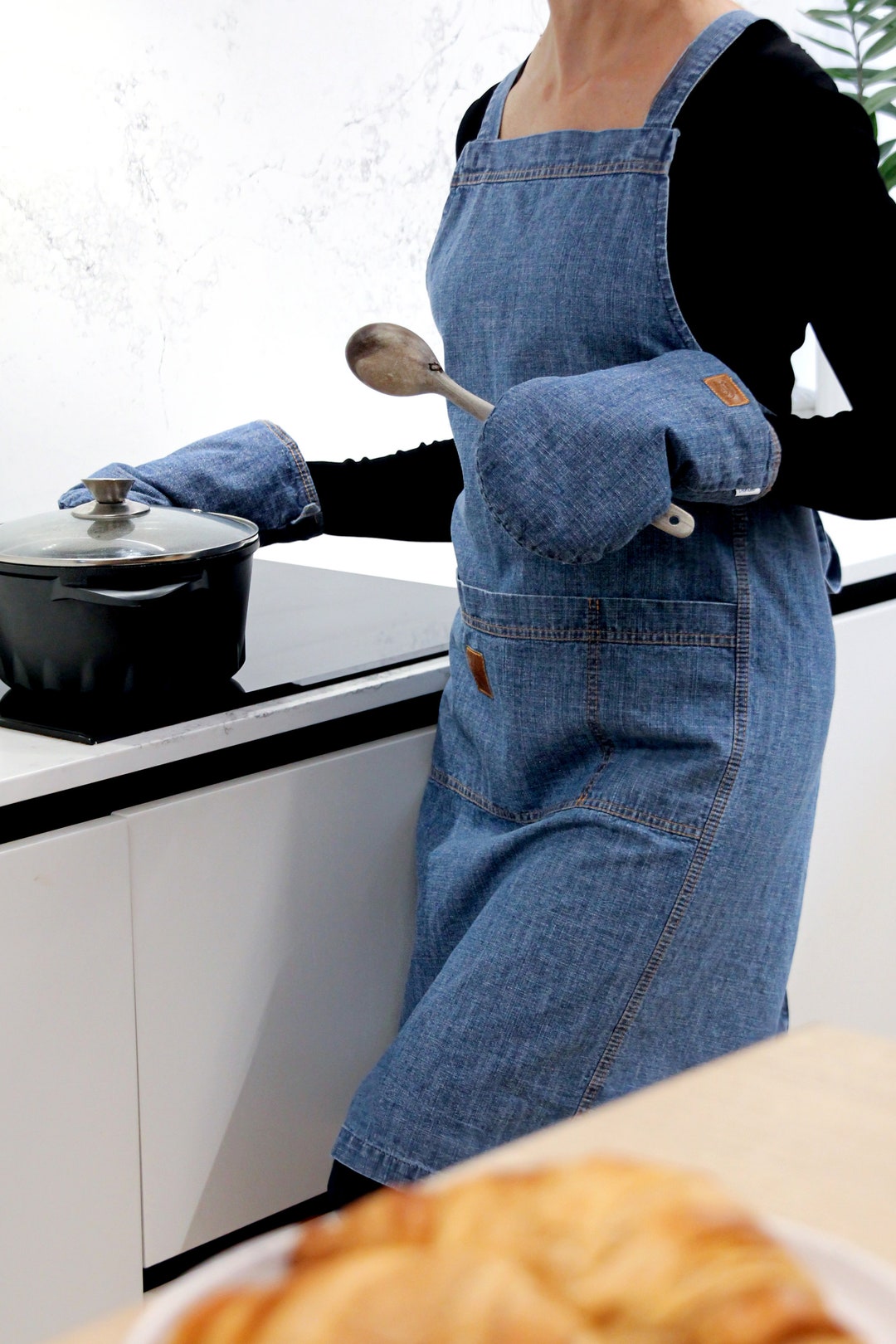 Handmade Denim Kitchen Apron With Big Pocket Grill Apron Etsy