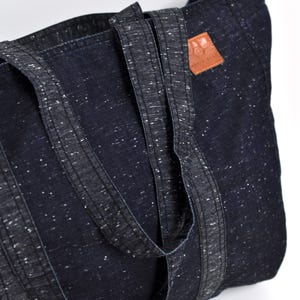 Big market bag of lightweight fabric, Extra large grocery bag, Denim high capacity shopper, Reusable oversize tote for sustainable shopping - view of longest handles