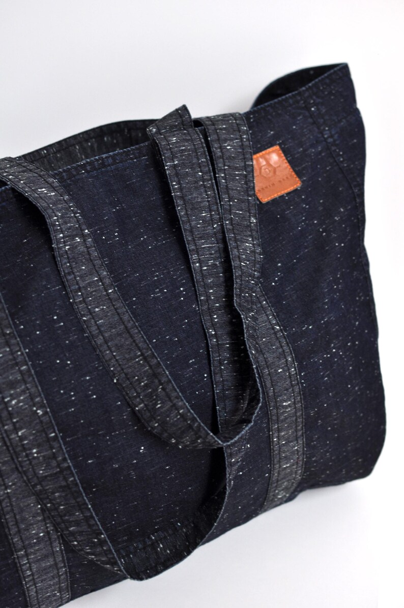 Big market bag of lightweight fabric, Extra large grocery bag, Denim high capacity shopper, Reusable oversize tote for sustainable shopping - view of longest handles
