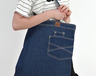 Blue Jean Tote Bag with Pockets: Foldable Denim Shopper