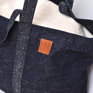 Big market bag of lightweight fabric, Extra large grocery bag, Denim high capacity shopper, Reusable oversize tote for sustainable shopping - view of two lengths handles - shortest and longest