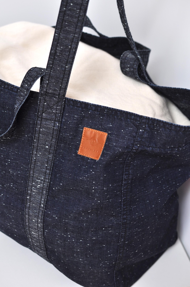 Big market bag of lightweight fabric, Extra large grocery bag, Denim high capacity shopper, Reusable oversize tote for sustainable shopping - view of two lengths handles - shortest and longest