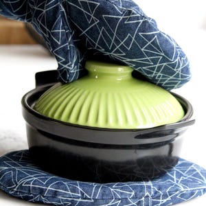 Unique Double Oven Mitts, 3 finger tips Towels for Modern Home, Woven Potholder, Handmade Housewarming or New Home Gift, Kitchen accessories - heating pad under the blue pot, oven mitt on the pot