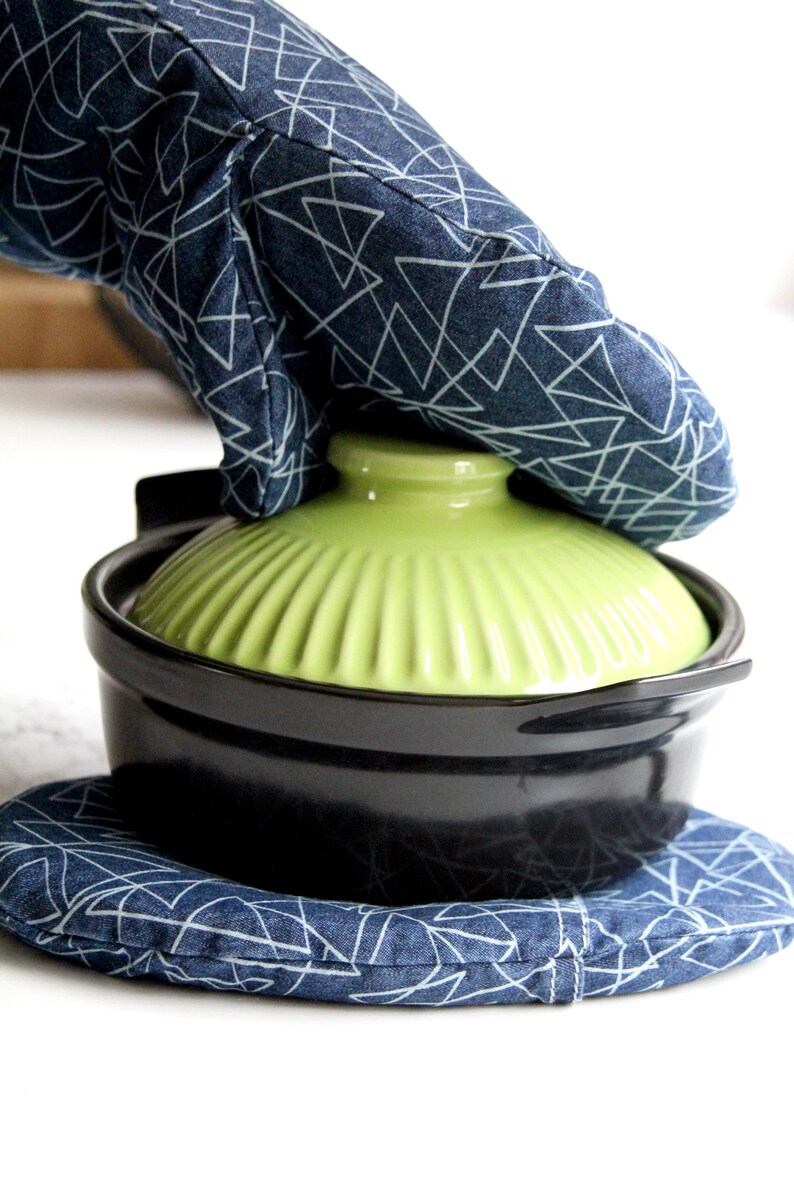 Unique Double Oven Mitts, 3 finger tips Towels for Modern Home, Woven Potholder, Handmade Housewarming or New Home Gift, Kitchen accessories - heating pad under the blue pot, oven mitt on the pot