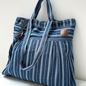 Leichte große Einkaufstasche, kompakte Markttasche mit Tasche, gestreifte faltbare Stofftasche, niedlicher Denim-Leinen-Shopper, praktisches, schickes Geschenk