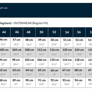 May include: A size chart for outerwear, with measurements in centimeters and inches. The chart includes sizes 44 to 60, detailing shoulder width, chest width, waist width, sleeve length, and back length. The brand name and logo are at the top.