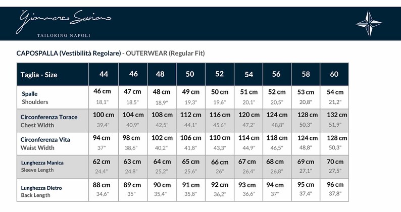 May include: A size chart for outerwear, with measurements in centimeters and inches. The chart includes sizes 44 to 60, detailing shoulder width, chest width, waist width, sleeve length, and back length. The brand name and logo are at the top.